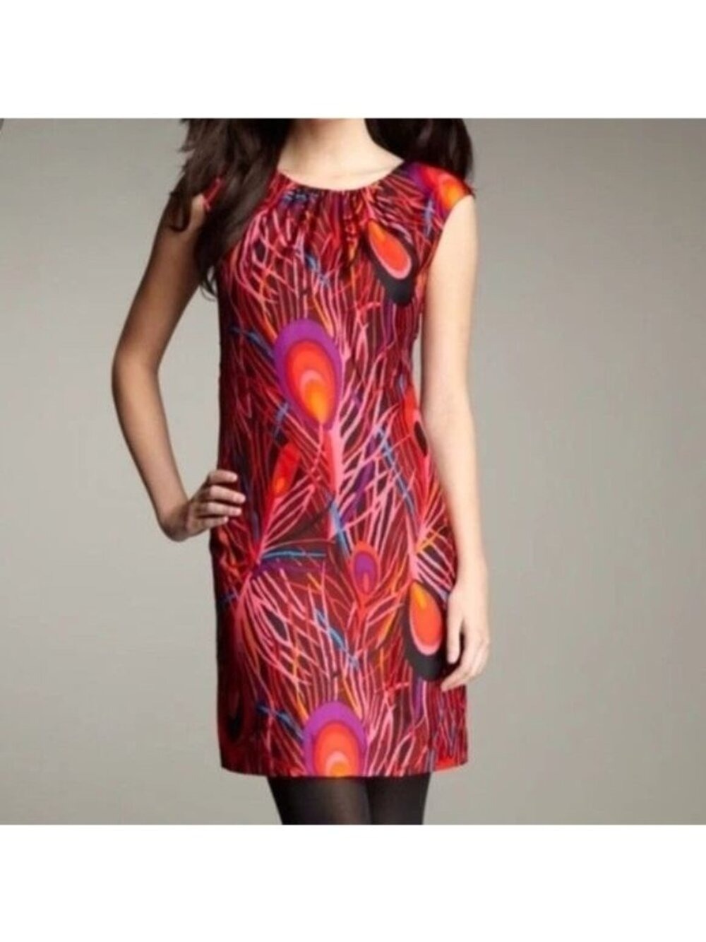 Anthropologie Milly Peacock Print Silk Dress Shift Cocktail size 2 XS
